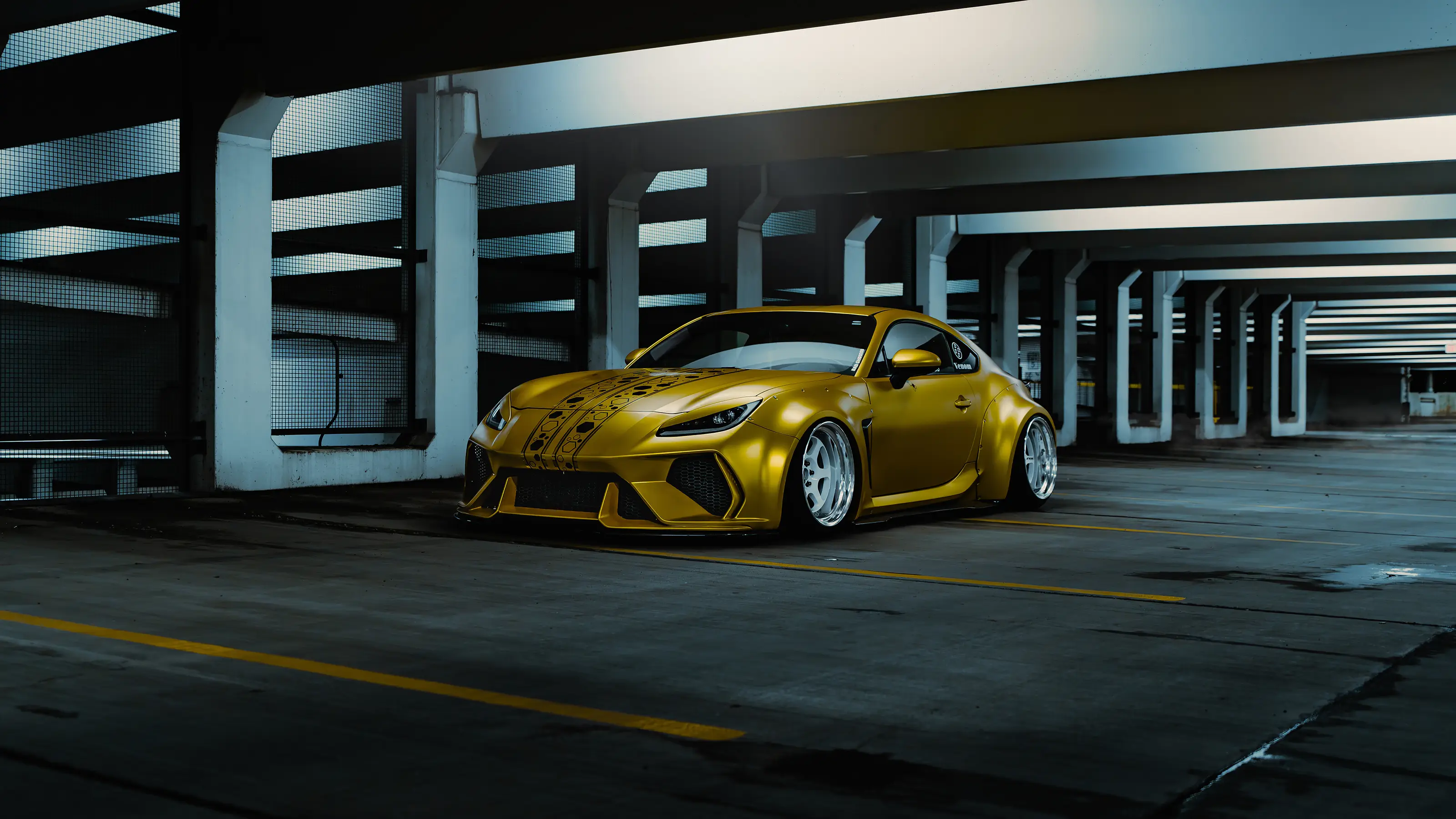 Modified Subaru BRZ photographed at night in a Burnaby parkade